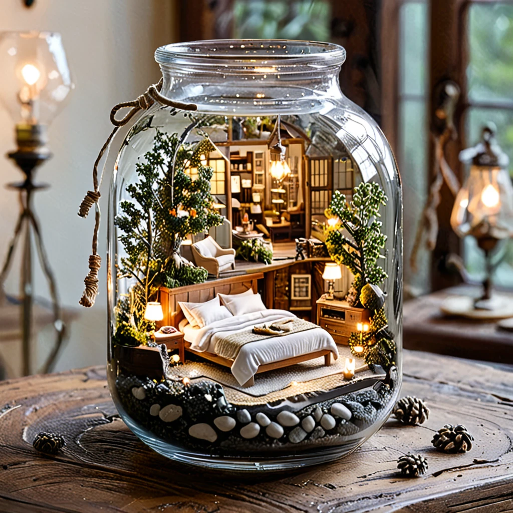 (masterpiece, top quality, best quality),(ultra-detailed, absolutely resolution),((16k, high res)),
BREAK {miniature room inside a glass cup, a small bed, a shower fixture, a bedside table with a lamp, vase with delicate branches, The glass cup should be clear and placed on a matching saucer, held by a hand to show the scale. Ensure the lighting is soft and natural to highlight the details of the miniature furniture and the transparency of the glass. The overall atmosphere should be delicate and intricate, capturing the charm of a tiny, perfectly crafted space within a glass cup}
BREAK { (produces images with information than 40 million pixels with cinematic-like detailed textures shot on a Sony SLR).}