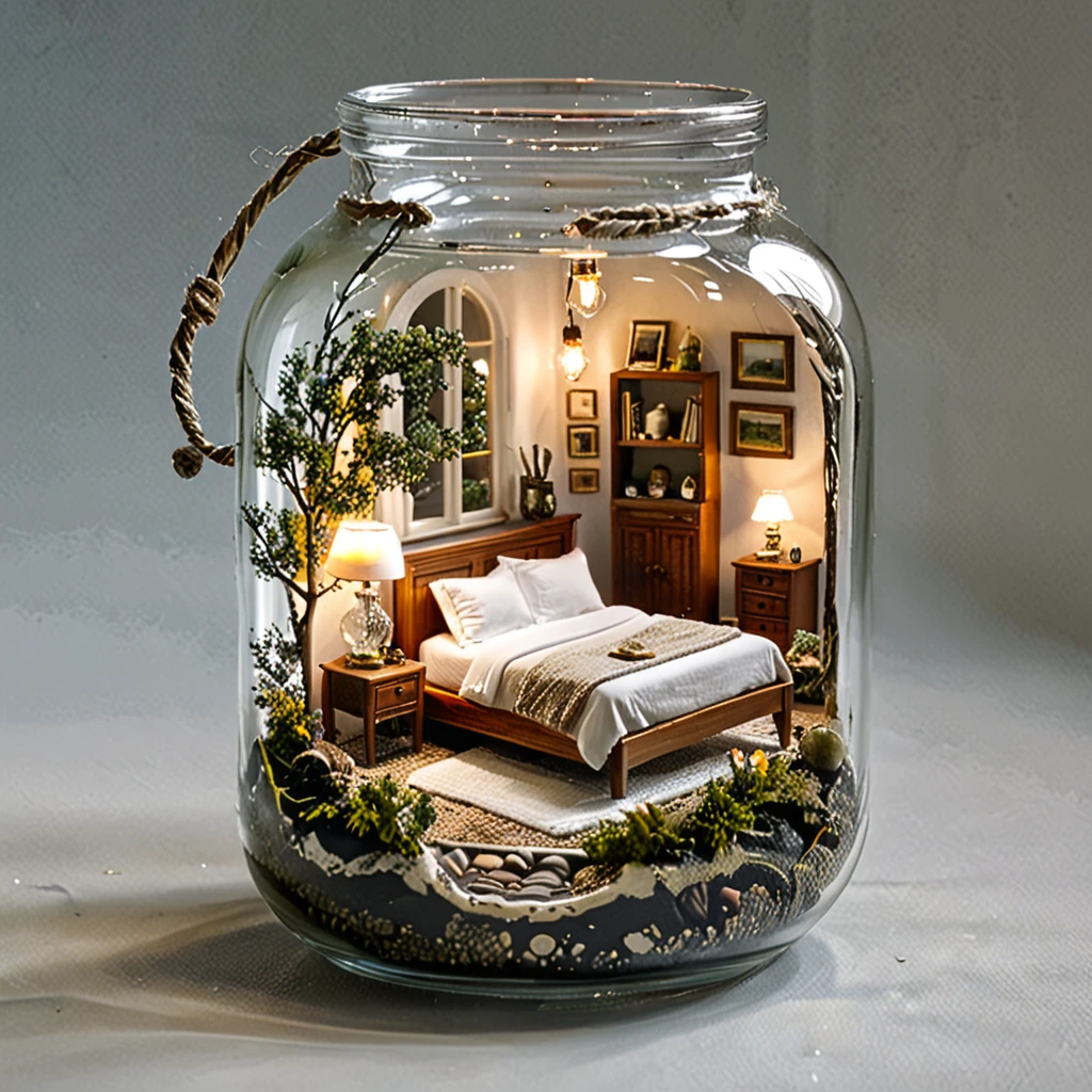 (masterpiece, top quality, best quality),(ultra-detailed, absolutely resolution),((16k, high res)), 

BREAK {miniature room inside a glass cup, a small bed, a shower fixture, a bedside table with a lamp, vase with delicate branches, The glass cup should be clear and placed on a matching saucer, held by a hand to show the scale. Ensure the lighting is soft and natural to highlight the details of the miniature furniture and the transparency of the glass. The overall atmosphere should be delicate and intricate, capturing the charm of a tiny, perfectly crafted space within a glass cup}

BREAK { (produces images with information than 40 million pixels with cinematic-like detailed textures shot on a Sony SLR).}
