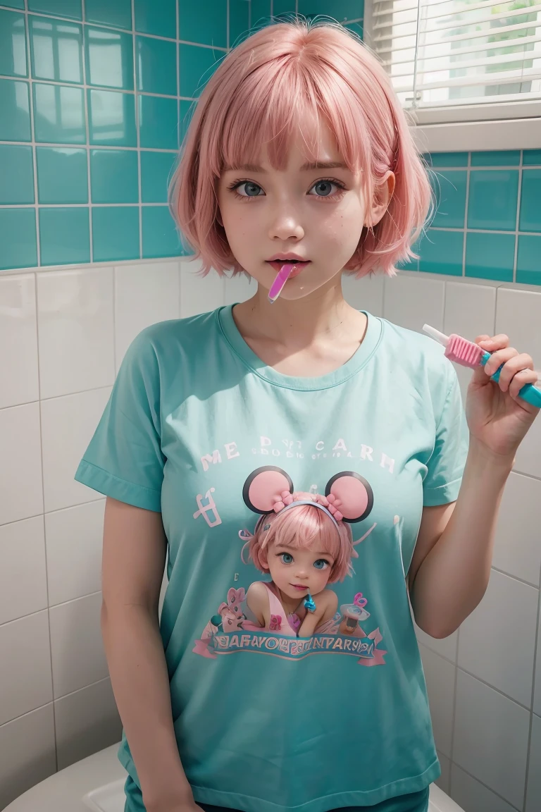 Disney Pixar style, cute girl with short pink hair with bangs, wearing cyan shirt, Brushing your teeth in the bathroom, 8k