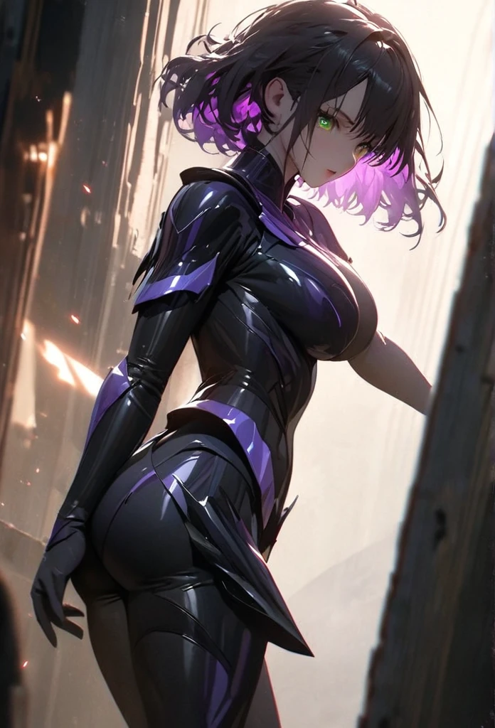 (solo), purple hair, messy hair, mane hair, short hair, dense hair, wild hair, expressive hair,(25 year old), pale skin, ((Female)), green eyes, beautiful girl, wearing purple boss armor, beautiful, attractive, huge breast, big ass, eye reflection, depth of field, thunder aura, cinematic lighting, ray tracing, depth of field, cinematic lighting, ray tracing, UHD, high details, best quality, highres, high quality, award winning, super detail, masterpiece, 8k, UHD, high details, best quality, highres, high quality, award winning, super detail, masterpiece, 8k, digital art, anime coloring, body shot, full body, back shot, good face, perfect face, detailed face, good eyes. The background is space. A whitehole in the background.
