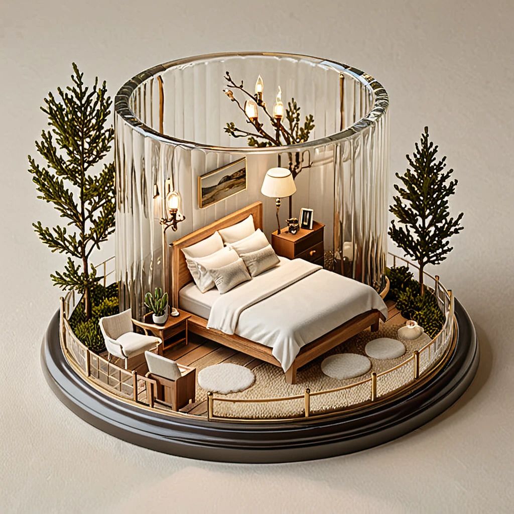 (masterpiece, top quality, best quality),(ultra-detailed, absolutely resolution),((16k, high res)),
BREAK {miniature room inside a glass cup, a small bed, a shower fixture, a bedside table with a lamp, vase with delicate branches, The glass cup should be clear and placed on a matching saucer, held by a hand to show the scale. Ensure the lighting is soft and natural to highlight the details of the miniature furniture and the transparency of the glass. The overall atmosphere should be delicate and intricate, capturing the charm of a tiny, perfectly crafted space within a glass cup}
BREAK { (produces images with information than 40 million pixels with cinematic-like detailed textures shot on a Sony SLR).}