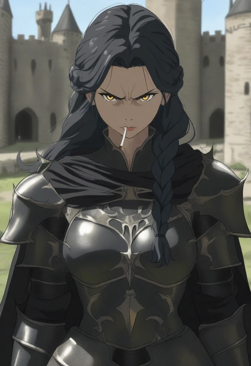 {{upper body, straight-on}} {{Artist: Sincos}} 1girl, solo, toned female, mature female, medium breasts, black hair, braided hair, long hair, golden eyes, lips, black armor, black cape, angry, closed mouth, outdoors, castle, looking at viewer, standing, day, medieval fantasy, cigarette