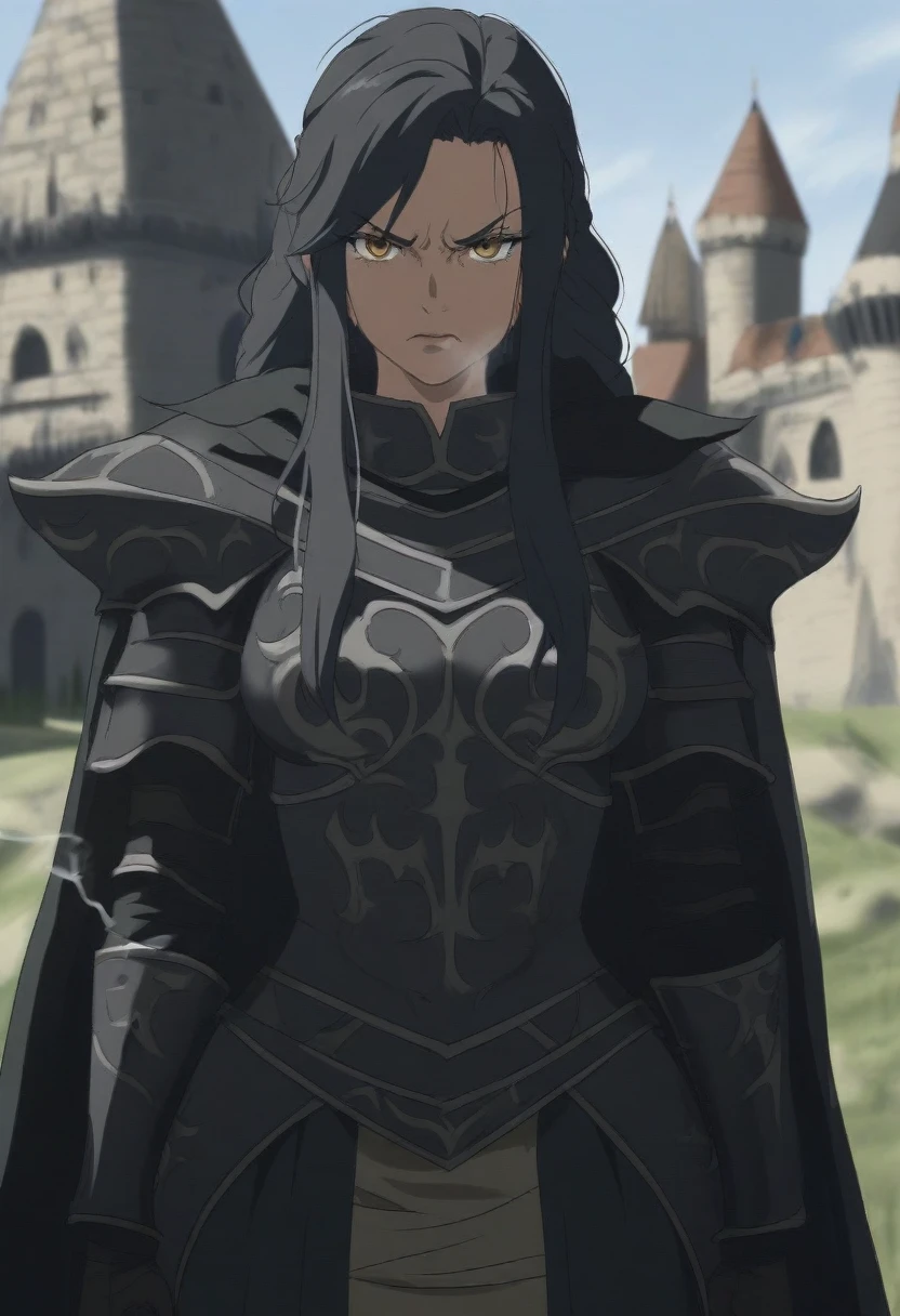 {{upper body, straight-on}} {{Artist: Sincos}} 1girl, solo, toned female, mature female, medium breasts, black hair, braided hair, long hair, golden eyes, lips, black armor, black cape, angry, closed mouth, outdoors, castle, looking at viewer, standing, day, medieval fantasy, cigarette