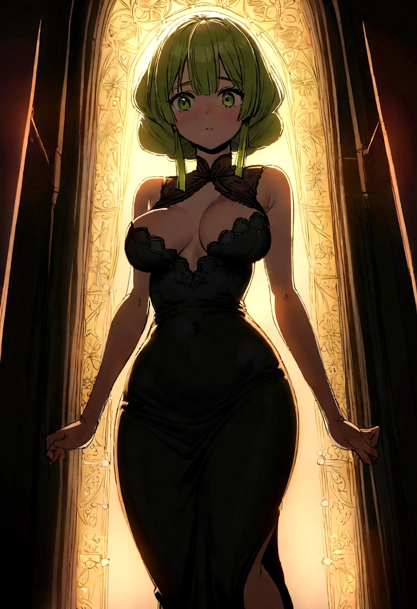 Mitsuri Kanroji in a short Mama Clous dress with a Christmas-style background, The dress is a little shorter and highlights her breasts, Mama Clous's dress is shorter, The dress is shorter and it is tight, very tight.