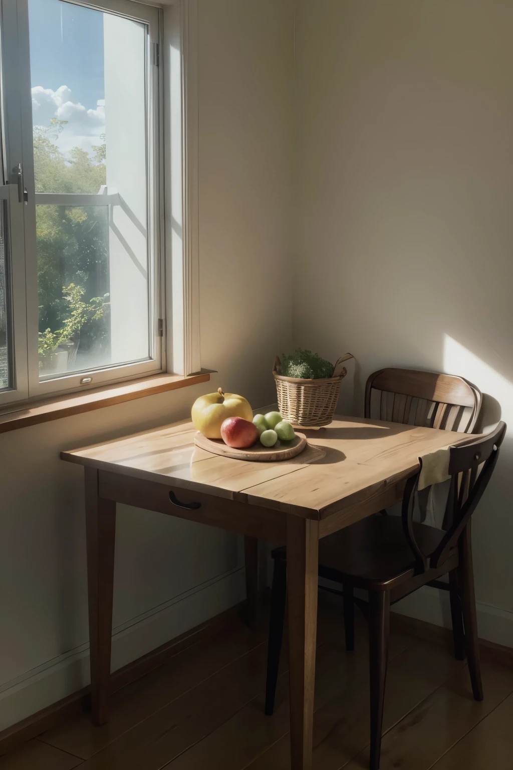 there is a table with bread and fruit in the kitchen, a portrait inspired by Anna Ancher, defog, 真实感, table set for second breakfast, home kitchen on a sunny day, night sunlight, morning sunlight, summer morning light, sunny morning light, mid morning lighting, kitchen table, afternoon sunlight, morning light, hard morning light, radiant morning light, IMAGE 22 CM WIDTH 18 HEIGHT