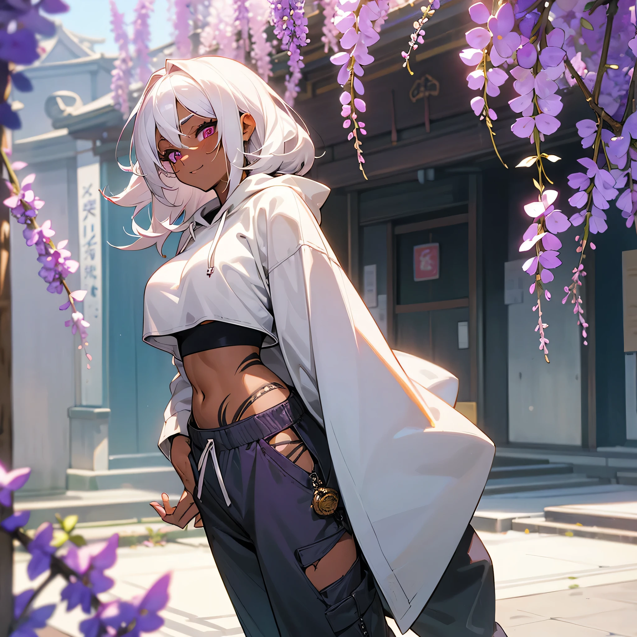 1female, sexy, young adult, dark skin, finely detailed plum eyes, wild medium hair, seashell white hair color, crop top oversized hoodie, baggy pants, standing on building, day time, tokyo streets, somber expression, tattoos, wisteria flowers, scars