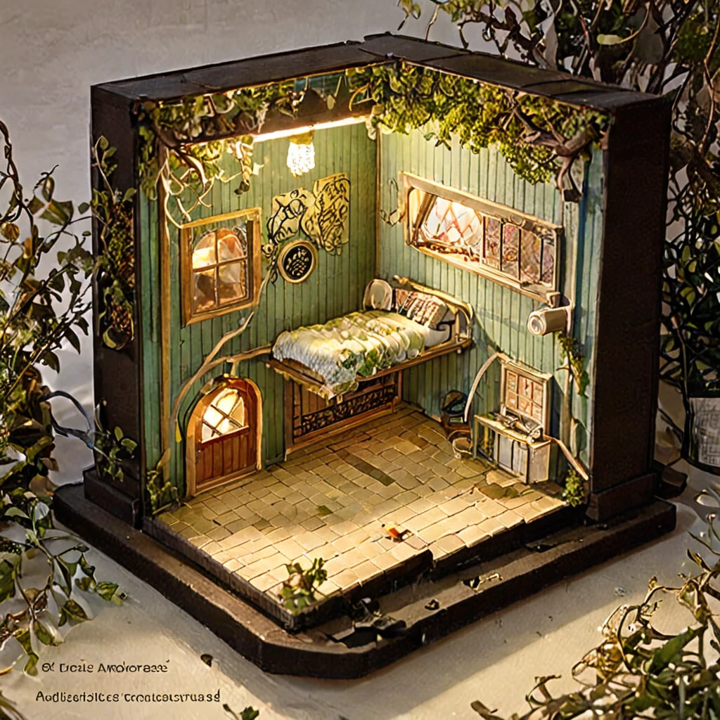 (masterpiece, top quality, best quality),(ultra-detailed, absolutely resolution),((16k, high res)), 

BREAK {miniature room inside a glass cup, a small bed, a shower fixture, a bedside table with a lamp, vase with delicate branches, The glass cup should be clear and placed on a matching saucer, held by a hand to show the scale. Ensure the lighting is soft and natural to highlight the details of the miniature furniture and the transparency of the glass. The overall atmosphere should be delicate and intricate, capturing the charm of a tiny, perfectly crafted space within a glass cup}

BREAK { (produces images with information than 40 million pixels with cinematic-like detailed textures shot on a Sony SLR).}
