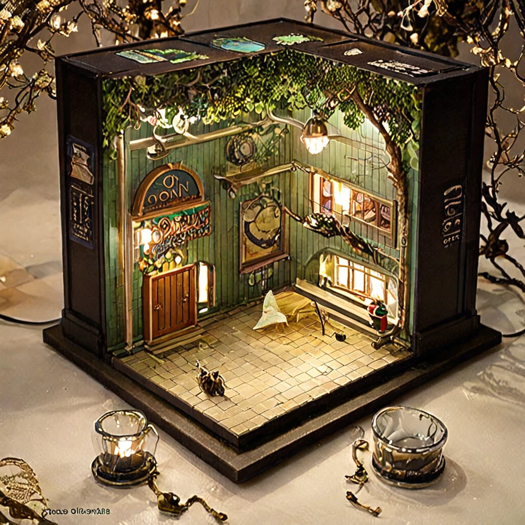 (masterpiece, top quality, best quality),(ultra-detailed, absolutely resolution),((16k, high res)), 

BREAK {miniature room inside a glass cup, a small bed, a shower fixture, a bedside table with a lamp, vase with delicate branches, The glass cup should be clear and placed on a matching saucer, held by a hand to show the scale. Ensure the lighting is soft and natural to highlight the details of the miniature furniture and the transparency of the glass. The overall atmosphere should be delicate and intricate, capturing the charm of a tiny, perfectly crafted space within a glass cup}

BREAK { (produces images with information than 40 million pixels with cinematic-like detailed textures shot on a Sony SLR).}
