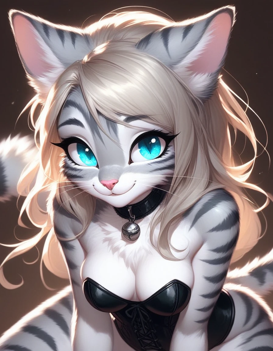 Solo, score_9,score_8_up,score_7_up, source_furry, Kat, Anthro furry feline girl, tall body, hourglass figure, adult female, blue eyes, :3, snout, pink nose, silver furry body, grey tabby cat stripes, long blonde hair, wearing only black corset, black thong, on her knees, on a bed, cute pose, b cup breasts, smile, brown background