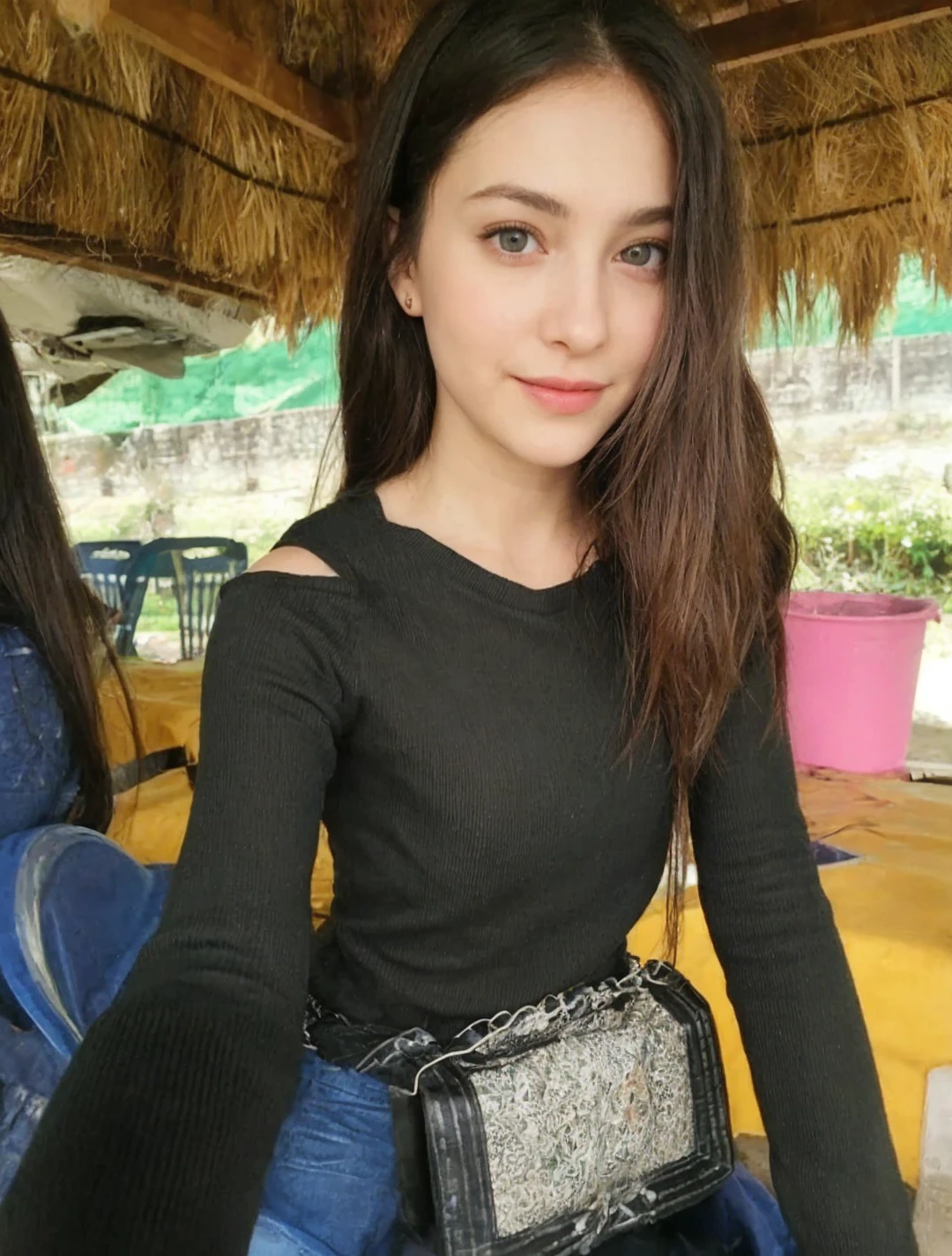 ((best quality)), ((masterpiece)), (detailed),(purple eyes), ((field of flowers)), perfect face, happy young woman, beautiful young woman, young woman tucking her hair behind her ear, laughing, happy, smile, wholesome, daisy behind ear, hair tucked behind her ear, long plaited hair, long perfect hair, slight blush, ((green eyes)), ethereal eyes, big eyes, blonde hair, detailed eyes, perfect iris, perfect eyes, symmetrical eyes, symmetrical face, happy on a field of flowers