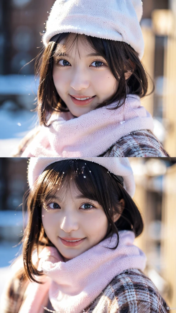(highest quality,masterpiece:1.3,ultra high resolution),(Super detailed,caustics,8k),(photorealistic:1.4,RAW shooting),Midwinter,(snowfield),Silver World,Very cold,18-year-old,cute,Japanese,Black Hair Middle Hair,(hat with ear flaps),(open your mouth a little:1.1),(white breath:1.3),smile,Pink Jumper,front shot,bust up shot,face focus,face close up,Natural light,professional writing