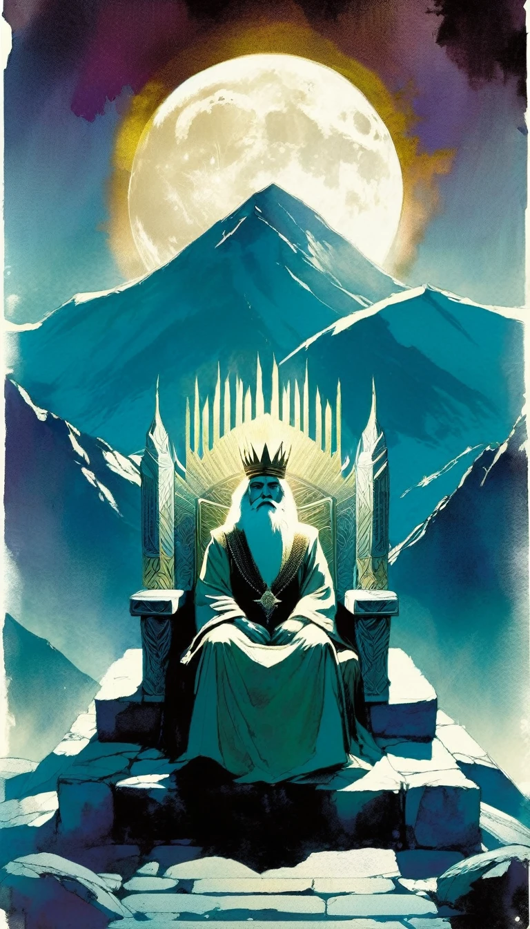 wise king sitting on his throne, throne in the street, mountain and moon landscape, serenity (art inspired by Bill Sienkiewicz)
