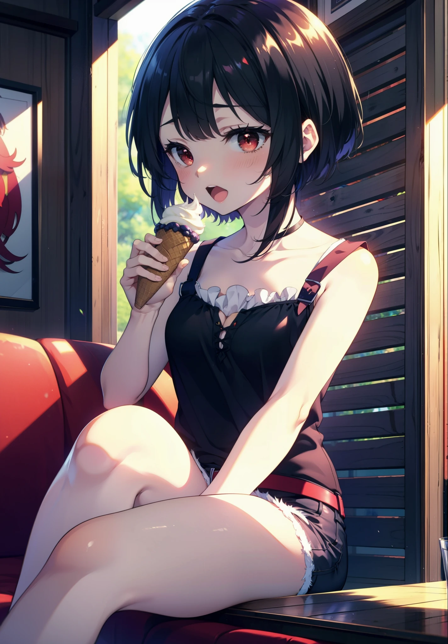 konosubaMegumin, Megumin, short hair, Black Hair, (Red eyes:1.3), short hair with long locks,happy smile, smile, Open your mouth,Tank top shirt with open mouth,Shorts,barefoot,barefoot,Holding and eating ice cream with right hand,Sitting on the sofa,whole bodyがイラストに入るように,morning,morning陽,The sun is rising,
break indoor, room,
break looking at viewer,whole body, (Cowboy Shot:1. 5)
break (masterpiece:1.2), Highest quality, High resolution, unity 8k wallpaper, (figure:0.8), (Beautiful attention to detail:1.6), Highly detailed face, Perfect lighting, Highly detailed CG, (Perfect hands, Perfect Anatomy),