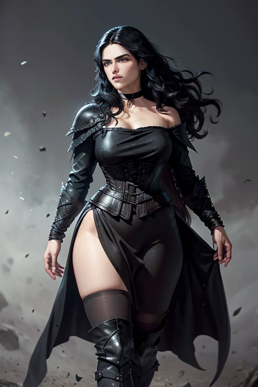 (Katie McGrath face), Generate an illustration of a young (Yennefer of Vengerberg), of Witcher 3, hair combed to sides, layered haircut, de terno preto, long hair flows to her back, hair flows straight down, black hair, Ultrarealistic Violet eyes, both eyes are similar, (big round breasts), deep cleavage, Ultrarealistic juicy round butt, thick thighs, black Corset outfit in anime format with a serious style, ((black strapless dress)), Ruby black velvet choker, grey tights, black boots, gothic make up, masterpiece, ((dark lighting)), black background, puffy lips,slendered toned abs, beautiful face