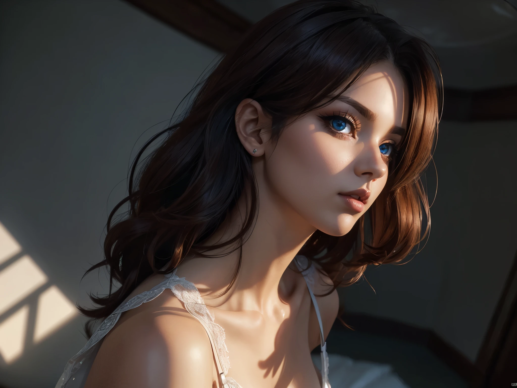 (((Full body 1.1, panorama, full-length, wallpaper, photo-posing, for magazine cover 1.1))), (((( very beautiful eyes 1.1)))). (perfect details: 1.1), (beautiful and clear background: 1.2), (extremely detailed CG, ultra detailed, best shadow: 1.1), (((finely detailed beautiful eyes))), (full length 1.1).a very beautiful woman with dark skin, red hair in a bob hairstyle, expressive blue eyes, wearing white lace lingerie, in a bedroom setting with a sexy and erotic atmosphere,(best quality,4k,8k,highres,masterpiece:1.2), ultra-detailed,(realistic,photorealistic,photo-realistic:1.37),portrait,glamorous,dramatic lighting,cinematic,chiaroscuro HDMI, HDRI, UDHD,(( Scatter effect)), (( volume effect 1.1)), (( Depth sharpness 1.1)), ((fisheye lens)).(perfect details: 1.1), (beautiful and clear background: 1.2), (extremely detailed CG, ultra detailed, best shadow: 1.1), (finely detailed beautiful eyes) , (full-length 1.1)