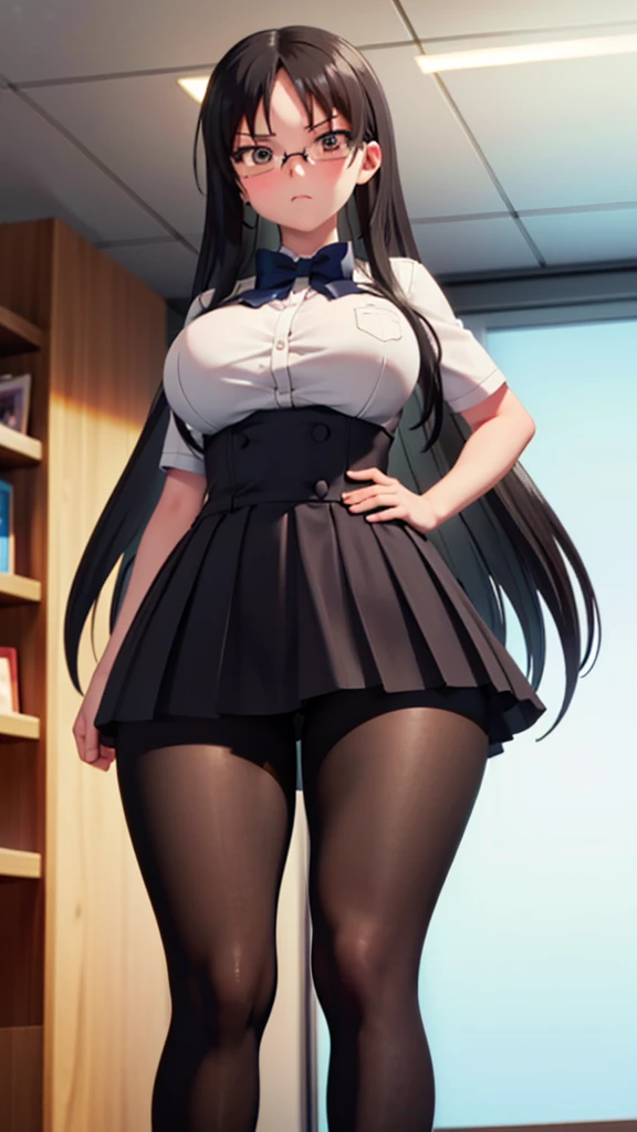 1girl, office, ((black office skirt)), shirt, (angry), ((hourglass figure)), black tights, (from below), looking at viewer, glasses, ((thick thighs)), ((huge breasts))