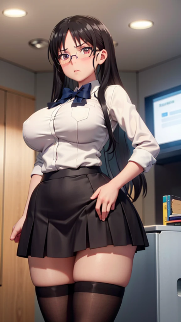 1girl, office, ((black office skirt)), shirt, (angry), ((hourglass figure)), black tights, (from below), looking at viewer, glasses, ((thick thighs)), ((huge breasts))