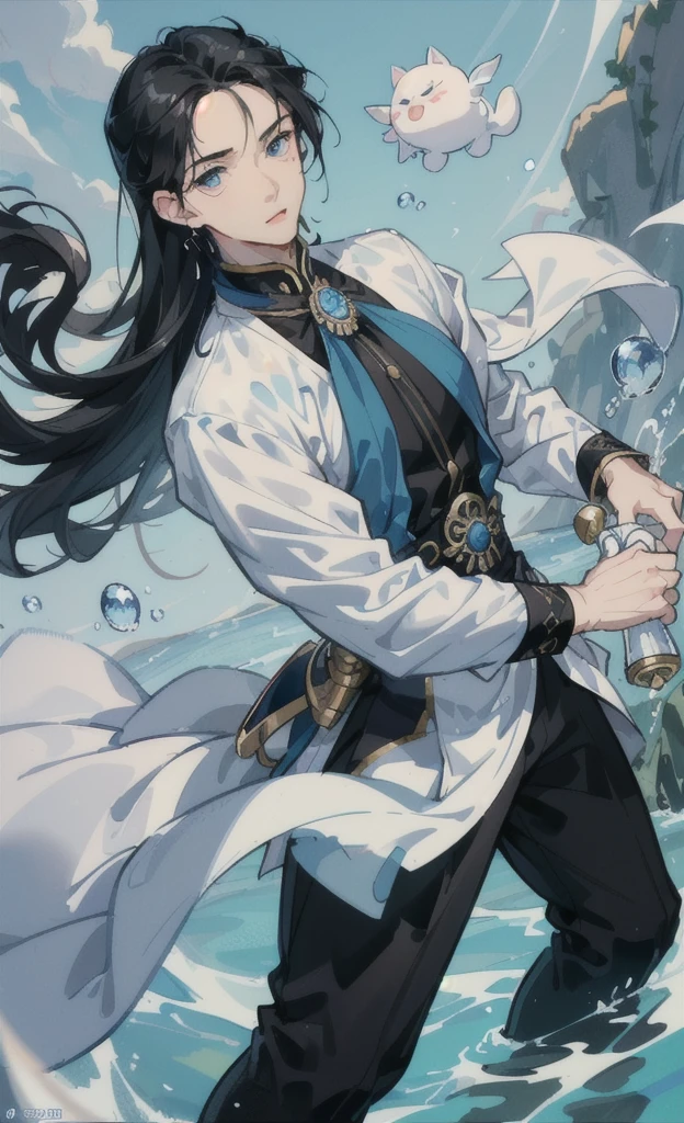 boy,black hair,blue eyes,Handsome face,Close-up photo,Clear face,Masterpiece,The atmosphere is water.,There are soap bubbles floating.,There are water droplets.,ชุดเจ้าชายอังกฤษ,ใส่เสื้อบางสีขาว,กางเกงสีน้ำตาล,ใส่เข็มขัด