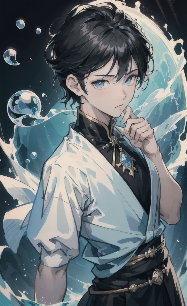 boy,black hair,blue eyes,Handsome face,Close-up photo,Clear face,Masterpiece,The atmosphere is water.,There are soap bubbles floating.,There are water droplets.,ชุดเจ้าชายอังกฤษ,ใส่เสื้อบางสีขาว,กางเกงสีน้ำตาล,ใส่เข็มขัด