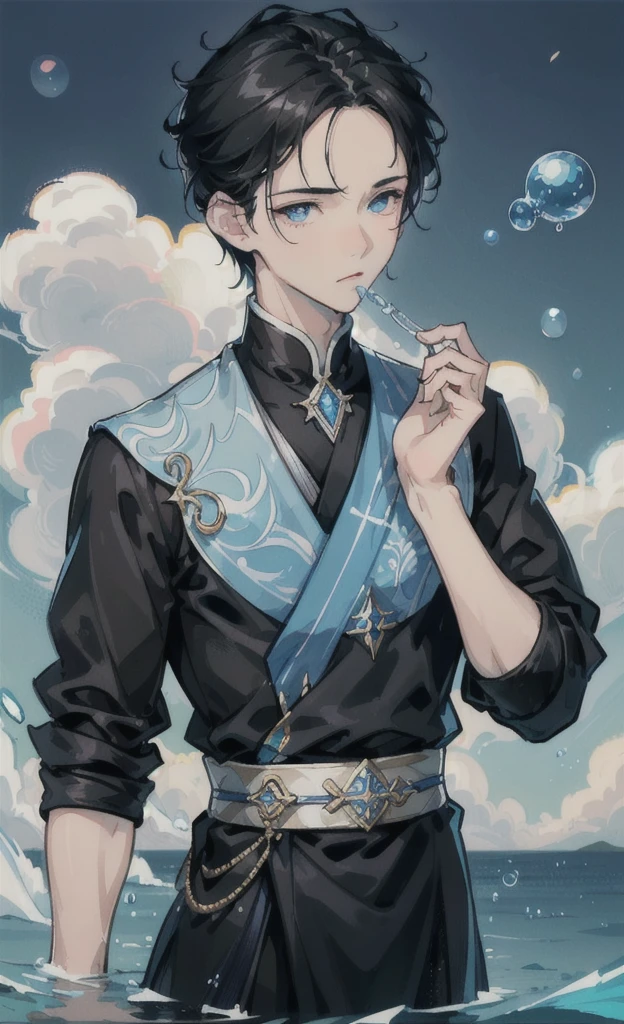 boy,black hair,blue eyes,Handsome face,Close-up photo,Clear face,Masterpiece,The atmosphere is water.,There are soap bubbles floating.,There are water droplets.,ชุดเจ้าชายอังกฤษ,ใส่เสื้อบางสีขาว,กางเกงสีน้ำตาล,ใส่เข็มขัด
