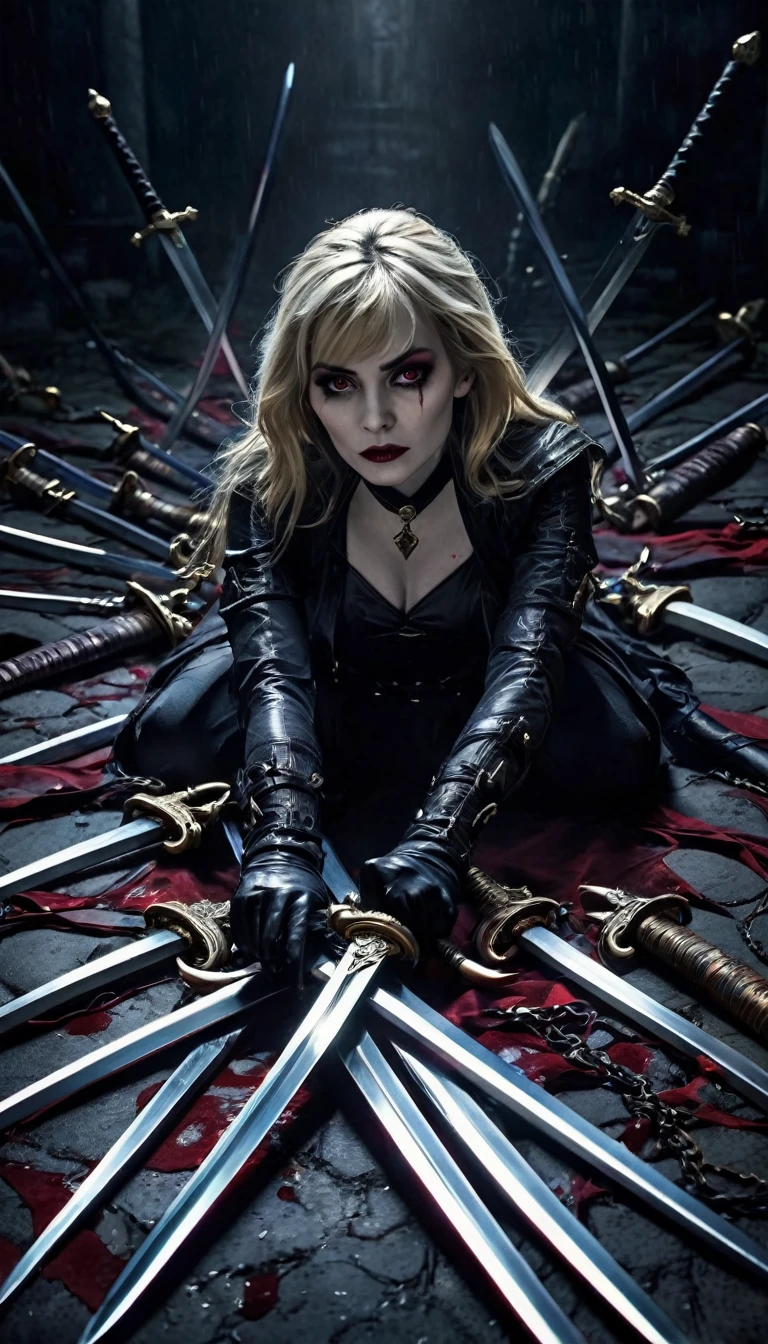 (woman on the ground with ten swords stuck in her, swords stuck in her body, eyes open, art inspired by Bill Sienkiewicz, highly detailed, hyper realistic, cinematic lighting, dramatic, dark, gritty, moody, 8k, high quality, masterpiece, photorealistic, sharp focus, physically-based rendering, extreme detail description, vivid colors, dramatic lighting, dark shadows, chiaroscuro, horror, gothic, dystopian, surreal)