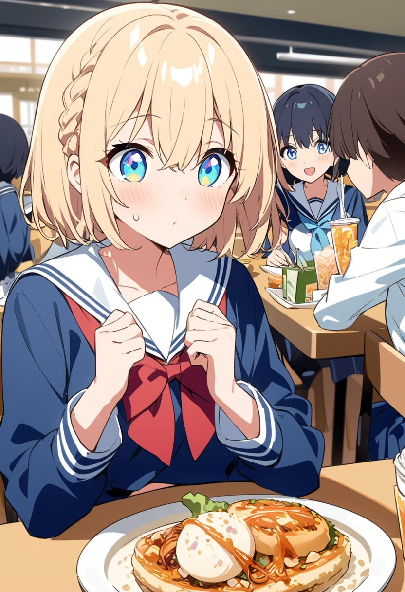 You are a professional illustrator。Please carefully check and draw the illustration according to the following conditions.。High school students enjoying their lunch in a crowded cafeteria、Delicate and beautiful anime face、Clear Eyes、Sailor suit、Braided short hair、
