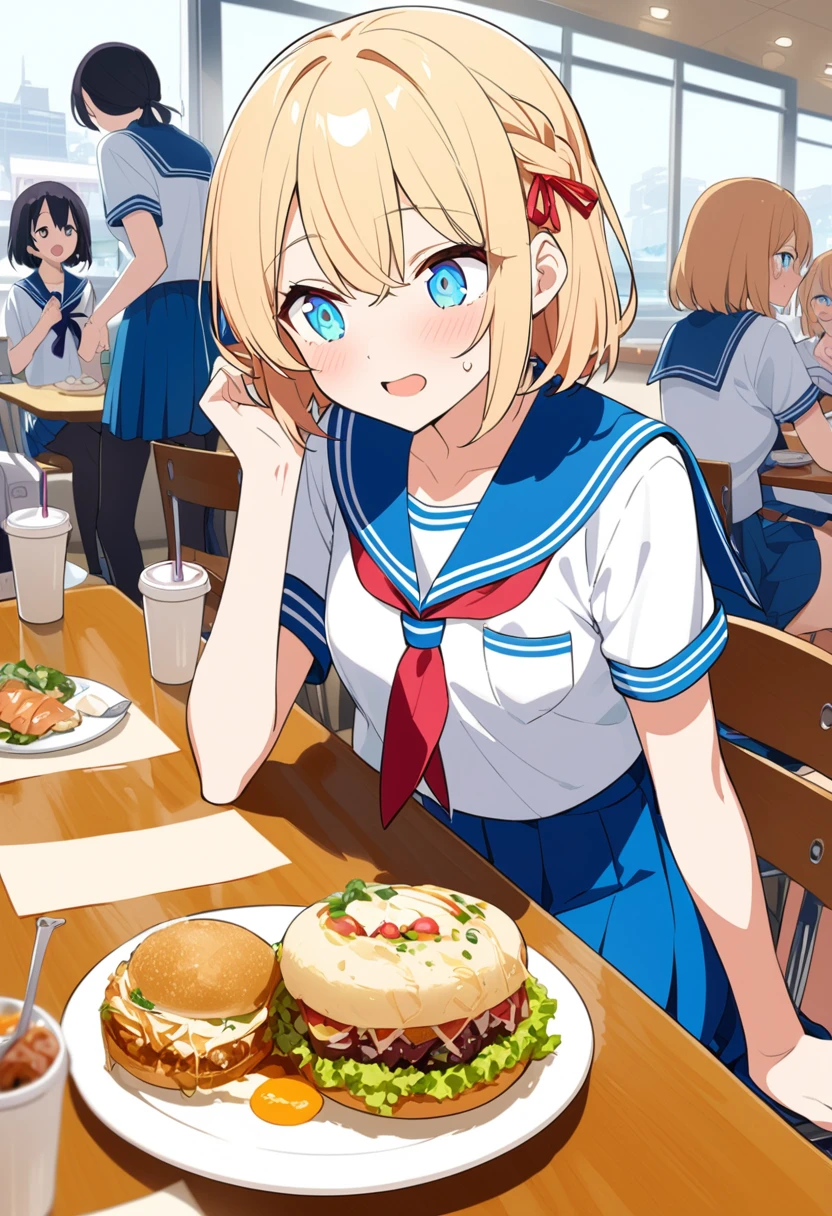 You are a professional illustrator。Please carefully check and draw the illustration according to the following conditions.。High school students enjoying their lunch in a crowded cafeteria、Delicate and beautiful anime face、Clear Eyes、Sailor suit、Braided short hair、