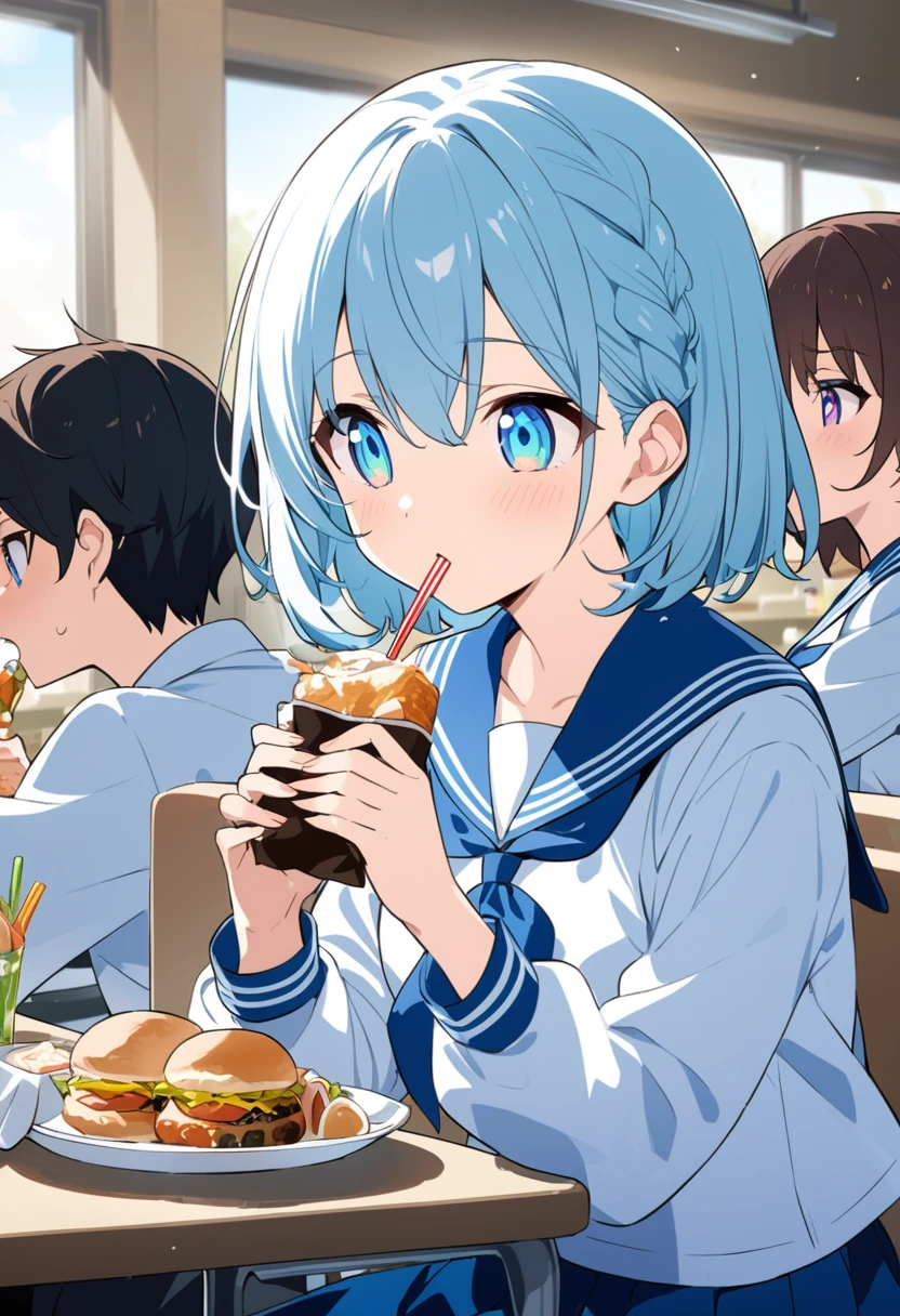 You are a professional illustrator。Please carefully check and draw the illustration according to the following conditions.。High school students enjoying their lunch in a crowded cafeteria、Delicate and beautiful anime face、Clear Eyes、Sailor suit、Braided short hair、