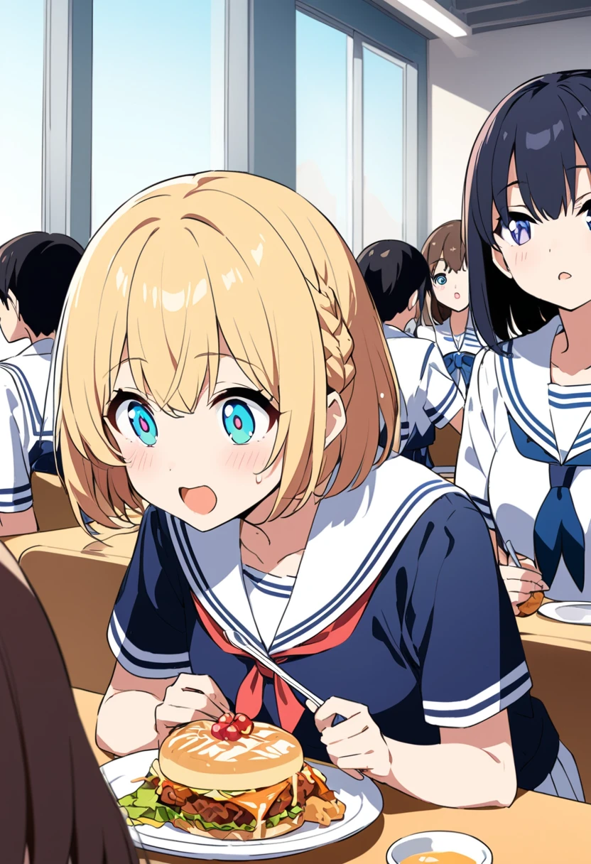 You are a professional illustrator。Please carefully check and draw the illustration according to the following conditions.。High school students enjoying their lunch in a crowded cafeteria、Delicate and beautiful anime face、Clear Eyes、Sailor suit、Braided short hair、