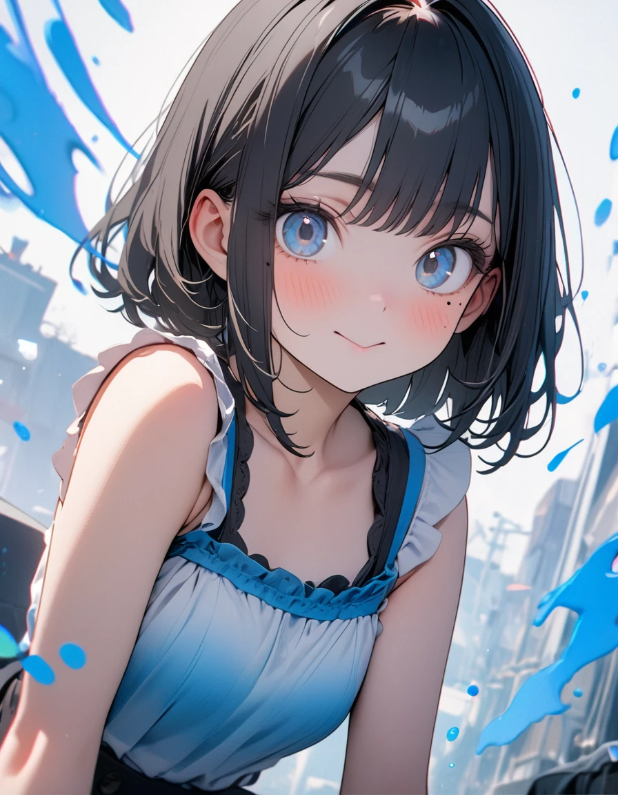 (8K,4K,best quality, master piece: 1.2), super high resolution,1 Beautiful woman,16yo,ultra-detailed face, detailed eyes,blue eyes,mascara,brown eyes,(mole under eye),:>,frilled camisole,(black hair, 
blue dip-dye hair),bob cut,looking at viewer,ポートレート,(blue splash background)