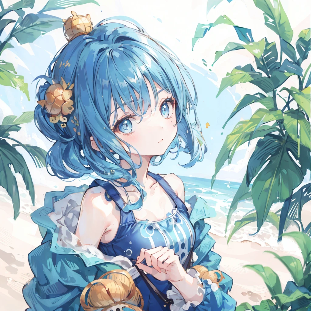 1girl,jungle,:|,beehive hairdo,eye reflection,casual one-piece swimsuit,blue theme hair, plain background 