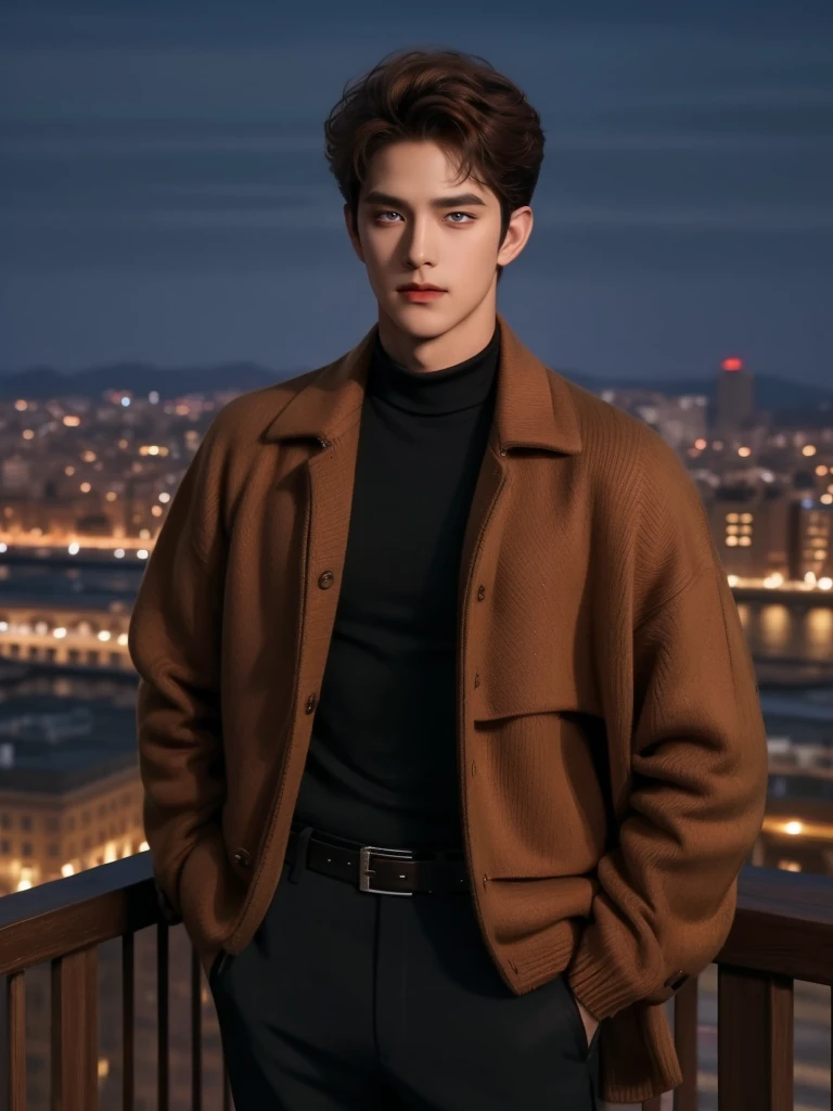 (masterpiece,best quality, ((handsome)), 1man, male focus,brown hair,curly hair,brown jacket, sweater, black pant,belt,standing at night street, looking at the view