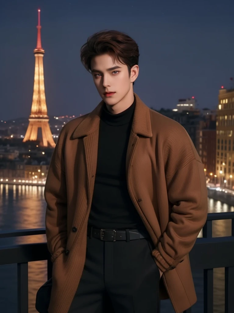 (masterpiece,best quality, ((handsome)), 1man, male focus,brown hair,curly hair,brown jacket, sweater, black pant,belt,standing at night street, looking at the view
