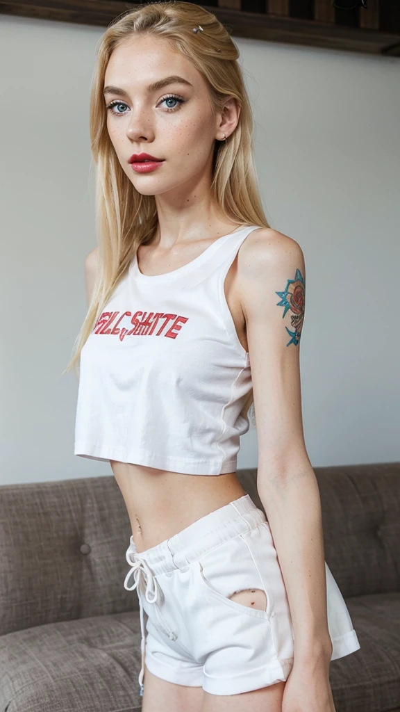 Beautiful skinny girl, elongated face and thin chin, freckles, blonde, blue eyes, red lipstick, beautiful makeup, white skin,, tattoo written on the forearm, sexy style, text plain t-shirt, shorts
