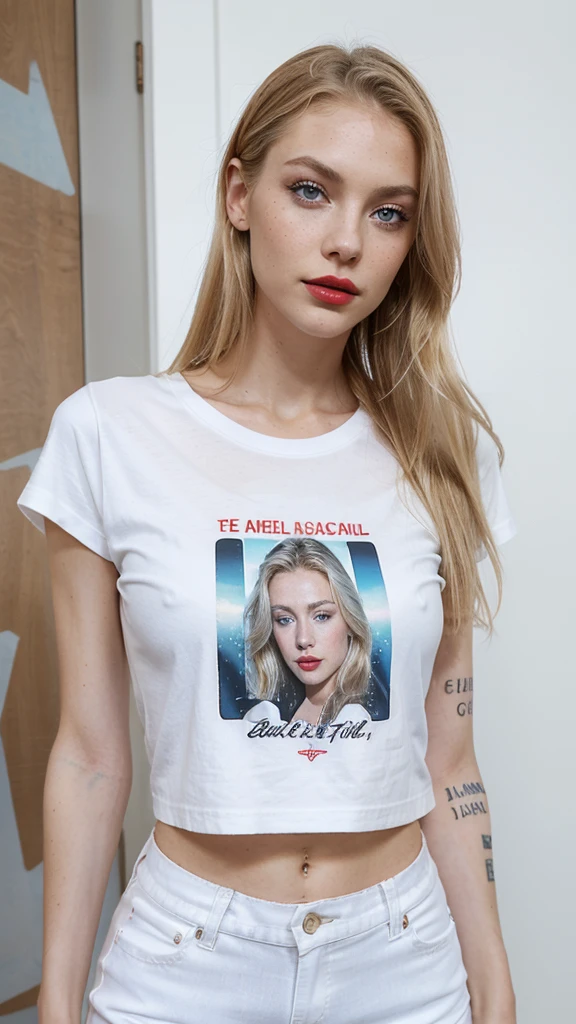 Beautiful skinny girl, elongated face and thin chin, freckles, blonde, blue eyes, red lipstick, beautiful makeup, white skin,, tattoo written on the forearm, style, text plain t-shirt, shorts
