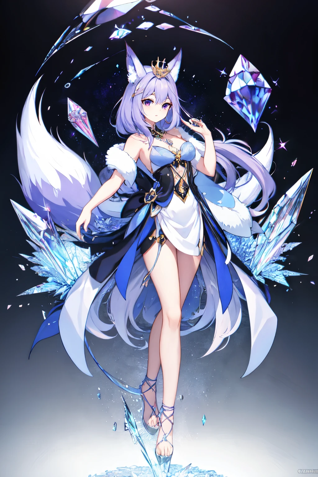 female humanoid fox wearing a crystal crown, long light purple hair, fox ears, and gemstone foxtails