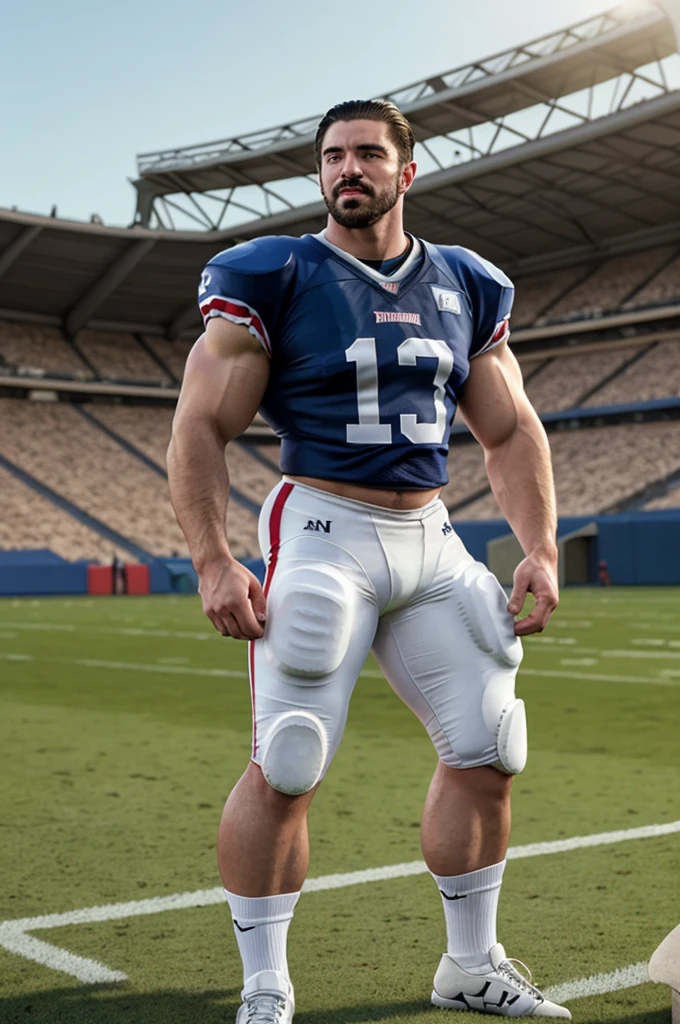 Zangef teveperson beard, slickback hair, wearing American football uniform, athletic field, natural lighting, outdoors, stadium