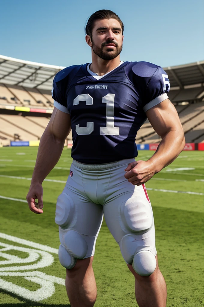 Zangef teveperson beard, slickback hair, wearing American football uniform, athletic field, natural lighting, outdoors, stadium