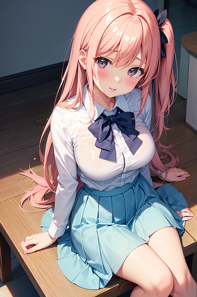From above, (Squint your eyes:1.2), close, One Girl, blush, sit, nsfw,beautiful girl,Wear a uniform, Light blue skirt, Anime move,Two Side Up、(Gloss Lip)、Thick lips