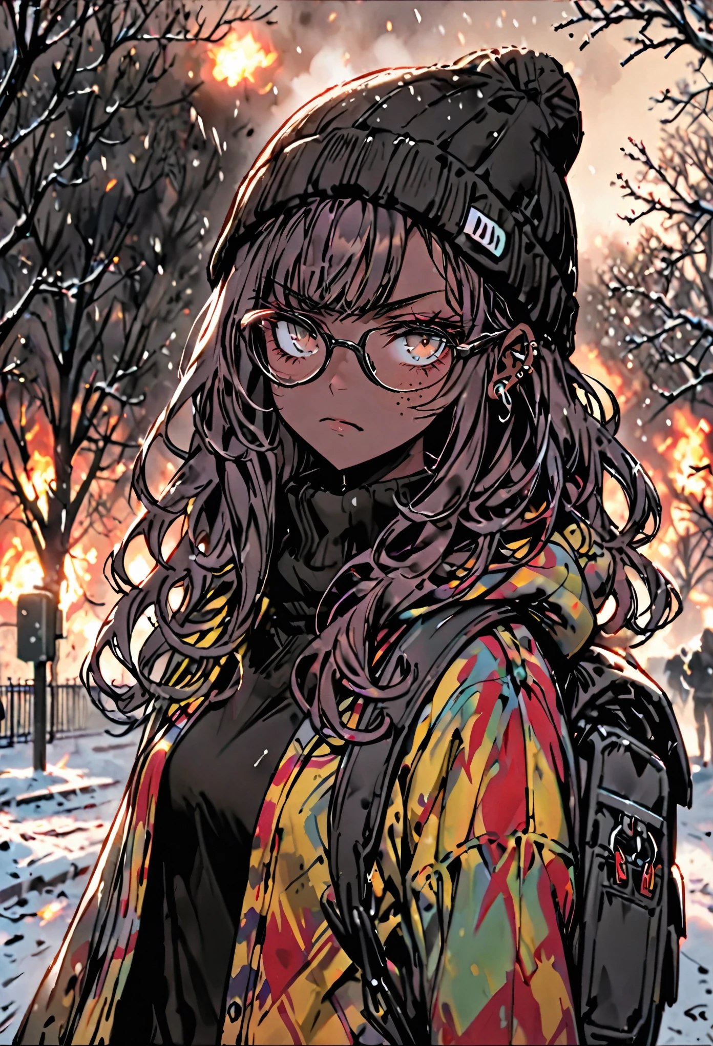 female, brown skin, long hair, very curly hair, beanie, thick-rimmed glasses, backpack, cold, freckles, frown, riot, slingshot, park, piercings, dyed hair