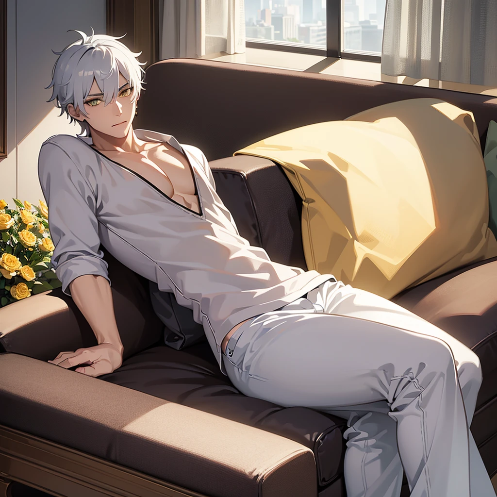 In a modern living room flooded with natural light from open curtains, a young man reclines lazily on a plush sofa. His distinctive features include white hair and piercing yellow eyes. He wears a pristine white shirt paired with comfortable jogging pants, his slim frame relaxed as he scratches his head with bothered look

The scene is a masterpiece of meticulous detail and top-quality animation, emphasizing the male character's relaxed demeanor and expressive eyes. The modern decor of the room, with its carefully selected furnishings and contemporary design elements, enhances the overall ambiance of the setting.