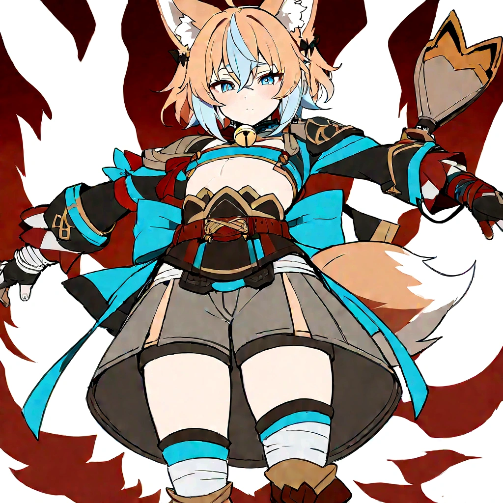 Masterpiece, High quality, High quality of art, best quality, best details, anime lineart, 1boy, Femboy, fox ears, fox tail, light blue eyes, light carrot hair, Short Shorts, Red shadows under the eyes, a bell near the fox's ears, A red and white rope on his belt, a large bow on his back