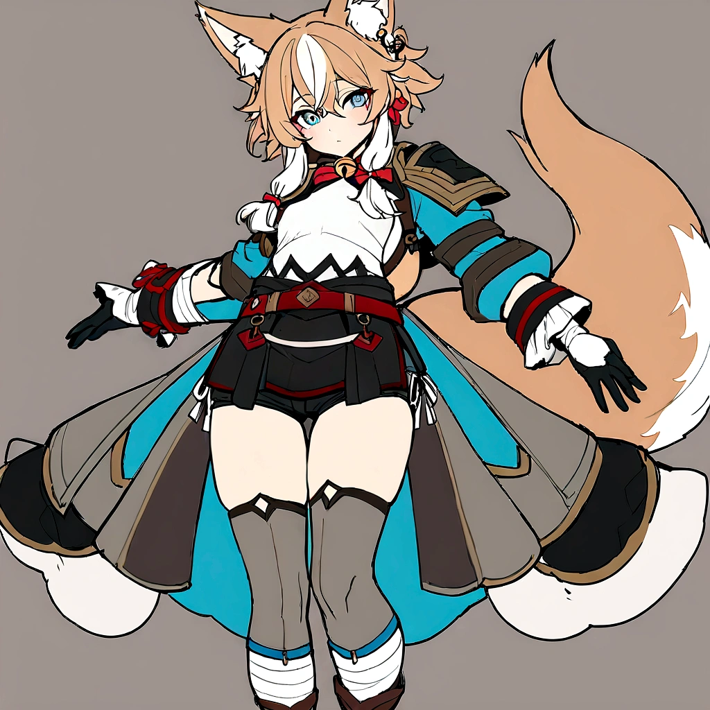 Masterpiece, High quality, High quality of art, best quality, best details, anime lineart, 1boy, Femboy, fox ears, fox tail, light blue eyes, light carrot hair, Short Shorts, Red shadows under the eyes, a bell near the fox's ears, A red and white rope on his belt, a large bow on his back