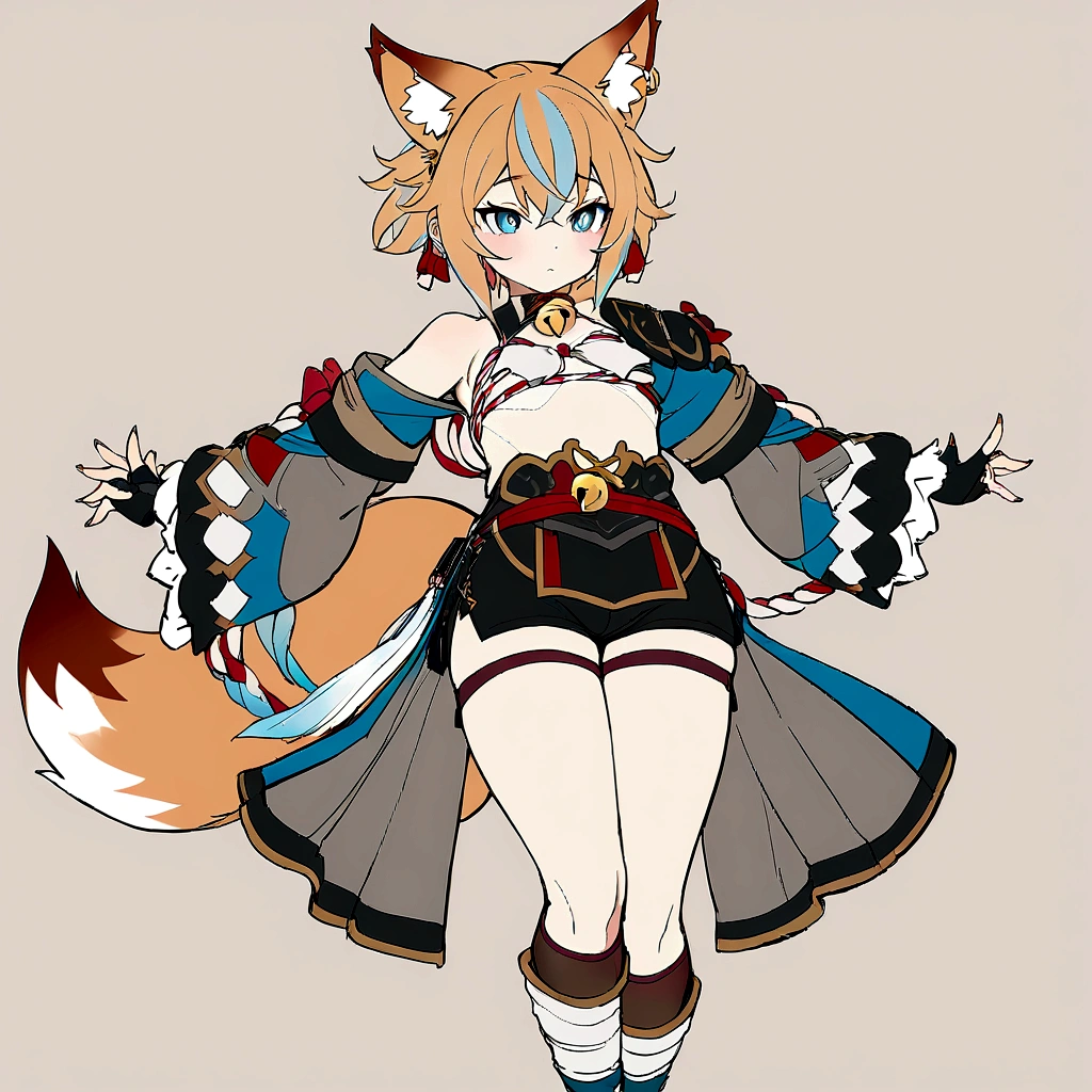 Masterpiece, High quality, High quality of art, best quality, best details, anime lineart, 1boy, Femboy, fox ears, fox tail, light blue eyes, light carrot hair, Short Shorts, Red shadows under the eyes, a bell near the fox's ears, A red and white rope on his belt, a large bow on his back