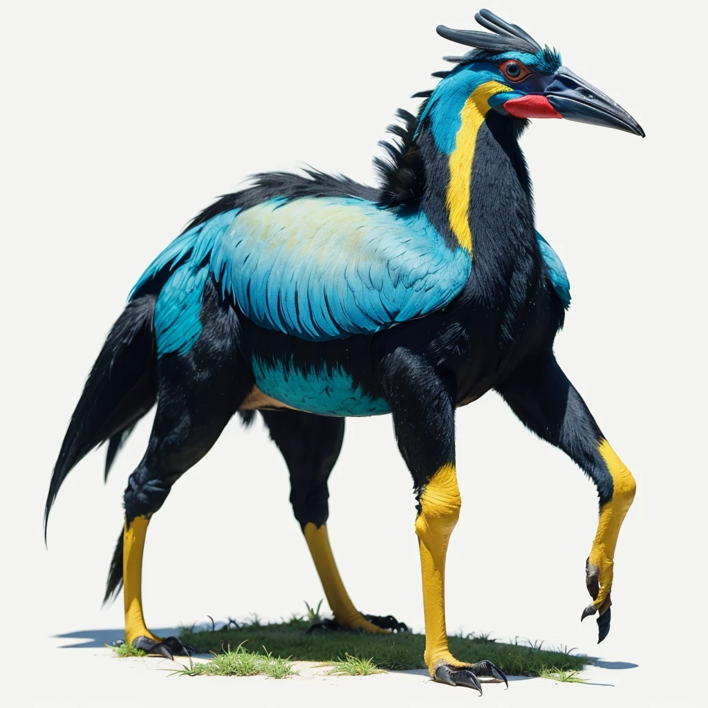 Big huge Animaly, cassowary mixed with Poseidon, yellows colour skins, Grassroots background, (white background simpleks)