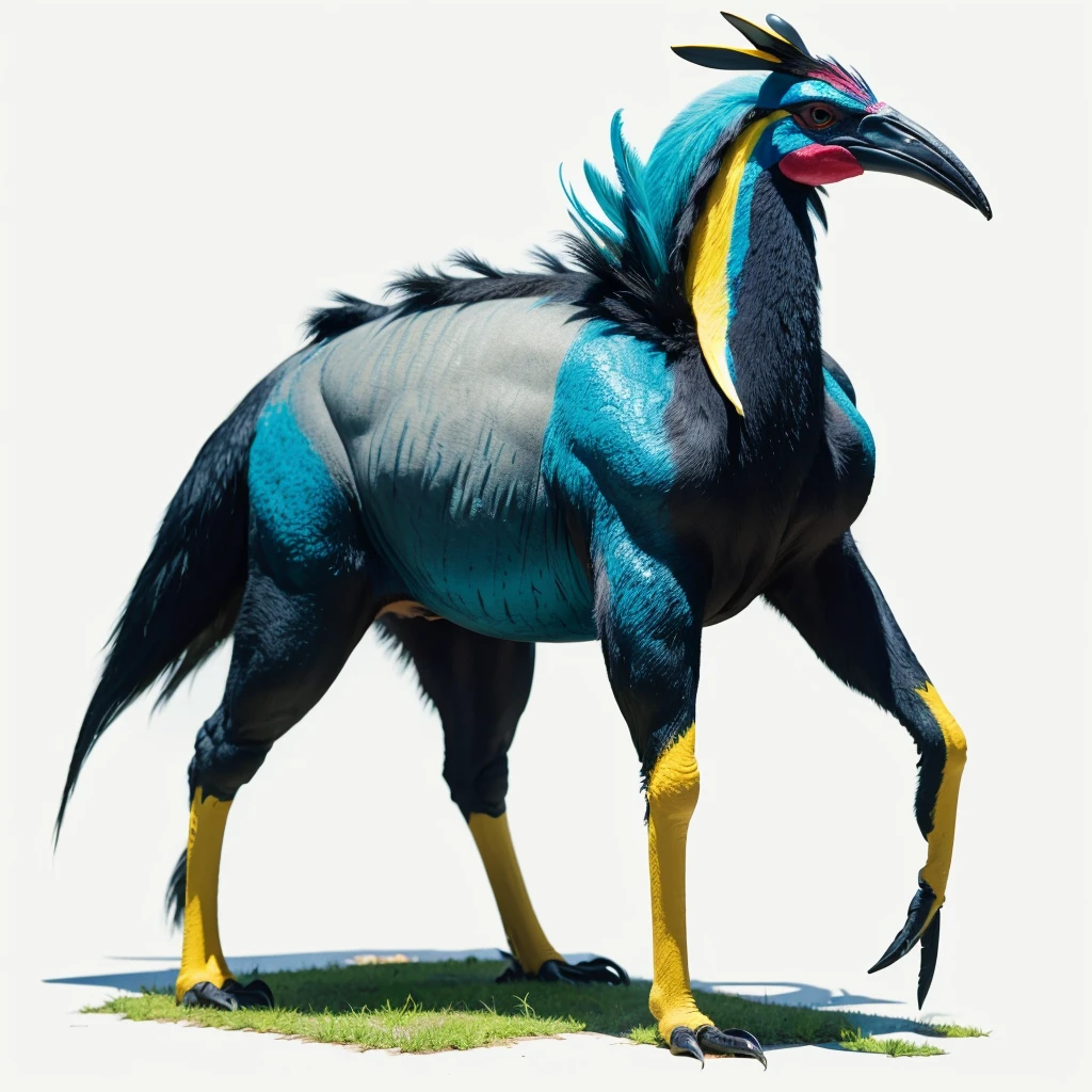 Big huge Animaly, cassowary mixed with Poseidon, yellows colour skins, Grassroots background, (white background simpleks)