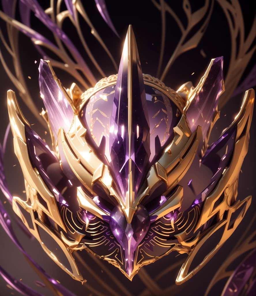 The whole face is full of gold and red interweaving，There are many gorgeous carvings all over the body，Let them coexist，This can also be done around the eyes. The entire surface should be transparent purple and gold，No other colors.，Does not contain any other colors.，Amethyst and gold veins are transparent，There should be a lot of crystal effects like transparent crystal，Add some gold thread for decoration。The color changes to purple and gold，Some purple and gold（Ensure its layering and armor texture，Purple is the main color，Add some gold for decoration）