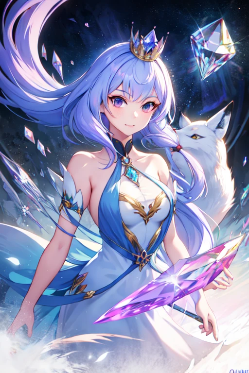 humanoid fox wearing a crystal crown, light purple hair, fox ears, and crystallized gemstone foxtails