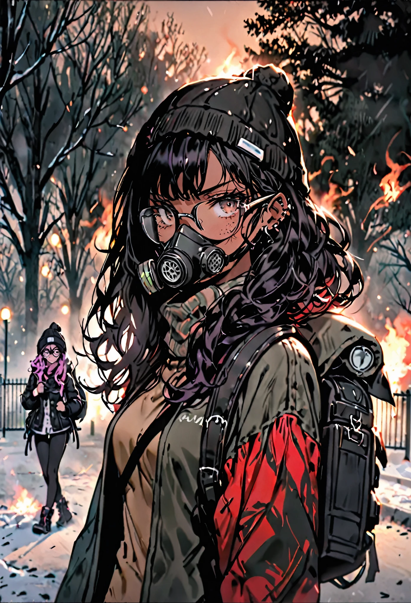 female, brown skin, long hair, black hair, very curly hair, beanie, thick-rimmed glasses, backpack, cold, freckles, frown, riot, holding gas mask, slingshot, park, piercings, dyed hair