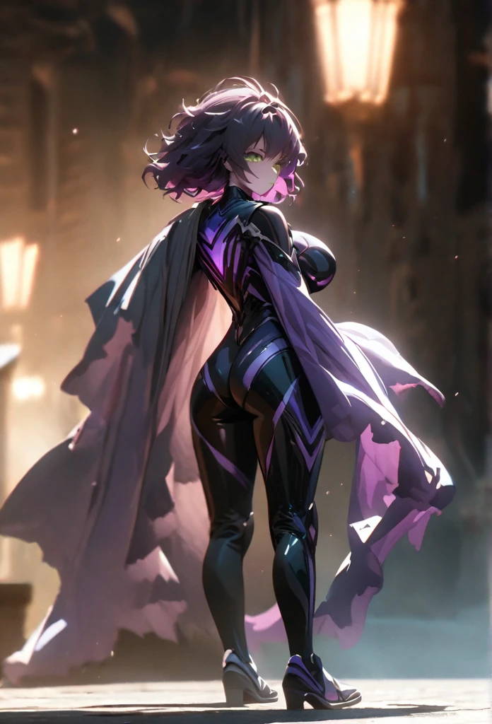 (solo), purple hair, messy hair, mane hair, short hair, dense hair, wild hair, expressive hair,(25 year old), pale skin, ((Female)), green eyes, beautiful girl, wearing purple boss armor, full body armor, beautiful, attractive, huge breast, big ass, eye reflection, depth of field, thunder aura, cinematic lighting, ray tracing, depth of field, cinematic lighting, ray tracing, UHD, high details, best quality, highres, high quality, award winning, super detail, masterpiece, 8k, UHD, high details, best quality, highres, high quality, award winning, super detail, masterpiece, 8k, digital art, anime coloring, body shot, full body, back shot, good face, perfect face, detailed face, good eyes. The background is space. A whitehole in the background.